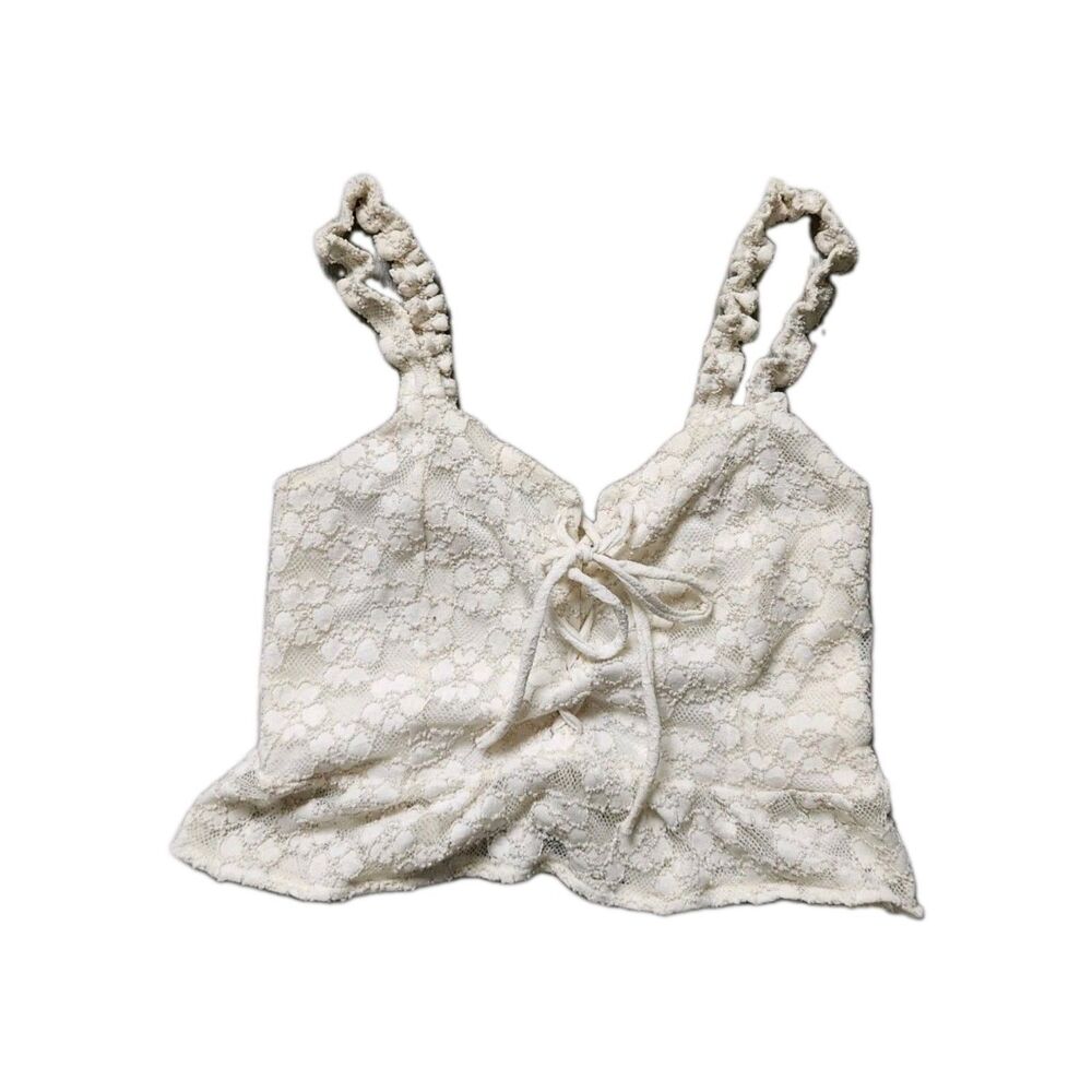 Kirious LA Cream Lace Crop Camisole Ruched Tie Front Peplum Tank Sz S GUC